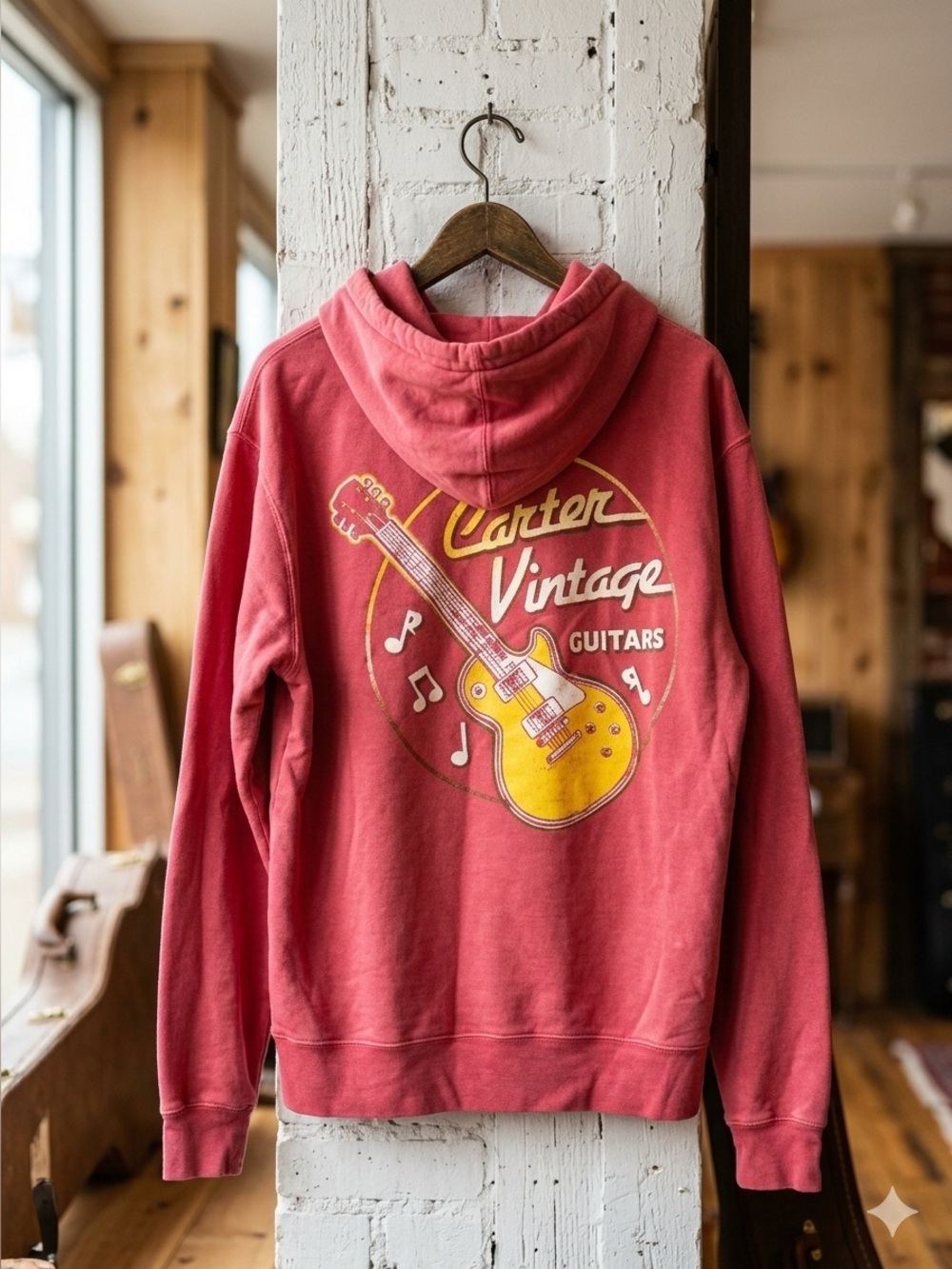 Carter Vintage Guitars Graphic Hoodie - Heather Red with Yellow Guitar